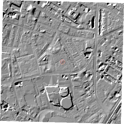 Shaded relief map of the ground around SE115PY, computed from Environment Agency LiDAR. The ground here sits at about 4 m above sea level and falls 8 m across the surrounding 800 m. Surface water reaching this point runs off ground lying to the north-north-west, 0.9 m higher.