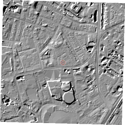 Shaded relief map of the ground around SE115PZ, computed from Environment Agency LiDAR. The ground here sits at about 4 m above sea level and falls 8 m across the surrounding 800 m. The ground contributing surface water to this point lies to the south-east.