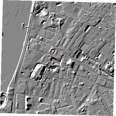Shaded relief map of the ground around SE115QH, computed from Environment Agency LiDAR. The ground here sits at about 5 m above sea level and falls 50 m across the surrounding 800 m. Surface water reaching this point runs off ground lying to the north-west, 3.9 m higher.