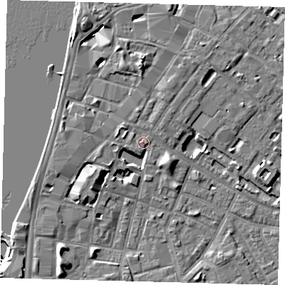 Shaded relief map of the ground around SE115QQ, computed from Environment Agency LiDAR. The ground here sits at about 5 m above sea level and falls 46 m across the surrounding 800 m. Surface water reaching this point runs off ground lying to the west-north-west, 3.9 m higher.