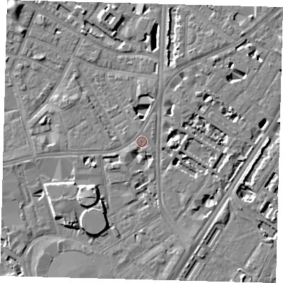 Shaded relief map of the ground around SE115QS, computed from Environment Agency LiDAR. The ground here sits at about 4 m above sea level and falls 8 m across the surrounding 800 m. Surface water reaching this point runs off ground lying to the south-west, 7.8 m higher.