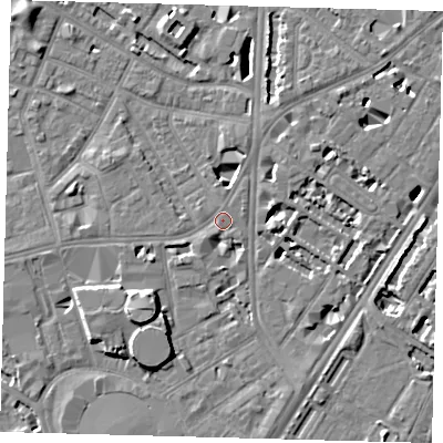 Shaded relief map of the ground around SE115QT, computed from Environment Agency LiDAR. The ground here sits at about 4 m above sea level and falls 8 m across the surrounding 800 m. Surface water reaching this point runs off ground lying to the south-west, 7.8 m higher.