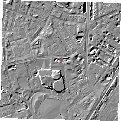 Shaded relief map of the ground around SE115QU, computed from Environment Agency LiDAR. The ground here sits at about 4 m above sea level and falls 8 m across the surrounding 800 m. Surface water reaching this point runs off ground lying to the south-west, 2.0 m higher.