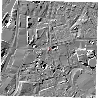 Shaded relief map of the ground around SE115QY, computed from Environment Agency LiDAR. The ground here sits at about 5 m above sea level and falls 50 m across the surrounding 800 m. Surface water reaching this point runs off ground lying to the west-north-west, 0.7 m higher.