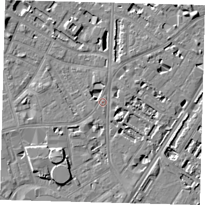 Shaded relief map of the ground around SE115QZ, computed from Environment Agency LiDAR. The ground here sits at about 4 m above sea level and falls 8 m across the surrounding 800 m. Surface water reaching this point runs off ground lying to the south-west, 7.8 m higher.