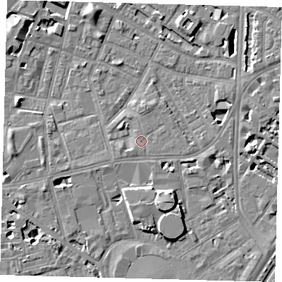 Shaded relief map of the ground around SE115RB, computed from Environment Agency LiDAR. The ground here sits at about 4 m above sea level and falls 8 m across the surrounding 800 m. Surface water reaching this point runs off ground lying to the north-north-east, 1.3 m higher.