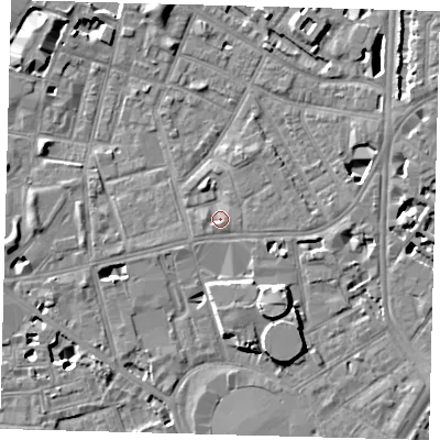Shaded relief map of the ground around SE115RD, computed from Environment Agency LiDAR. The ground here sits at about 4 m above sea level and falls 8 m across the surrounding 800 m. Surface water reaching this point runs off ground lying to the north-north-east, 1.4 m higher.