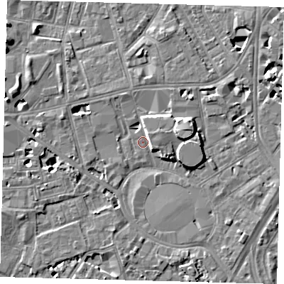 Shaded relief map of the ground around SE115RN, computed from Environment Agency LiDAR. The ground here sits at about 4 m above sea level and falls 8 m across the surrounding 800 m. Surface water reaching this point runs off ground lying to the east-south-east, 5.6 m higher.