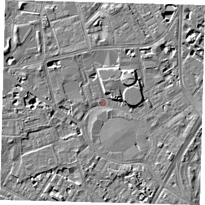 Shaded relief map of the ground around SE115RP, computed from Environment Agency LiDAR. The ground here sits at about 4 m above sea level and falls 8 m across the surrounding 800 m. Surface water reaching this point runs off ground lying to the west-south-west, 1.1 m higher.