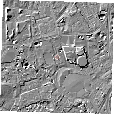 Shaded relief map of the ground around SE115RR, computed from Environment Agency LiDAR. The ground here sits at about 4 m above sea level and falls 7 m across the surrounding 800 m. Surface water reaching this point runs off ground lying to the west-north-west, 5.4 m higher.