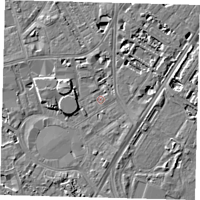 Shaded relief map of the ground around SE115SB, computed from Environment Agency LiDAR. The ground here sits at about 4 m above sea level and falls 8 m across the surrounding 800 m. Surface water reaching this point runs off ground lying to the west-south-west, 6.0 m higher.