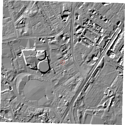 Shaded relief map of the ground around SE115SD, computed from Environment Agency LiDAR. The ground here sits at about 3 m above sea level and falls 8 m across the surrounding 800 m. Surface water reaching this point runs off ground lying to the west-south-west, 6.0 m higher.