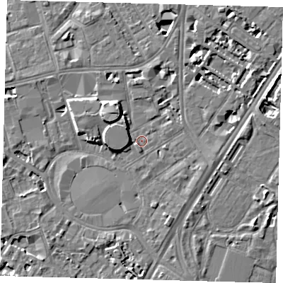 Shaded relief map of the ground around SE115SE, computed from Environment Agency LiDAR. The ground here sits at about 4 m above sea level and falls 8 m across the surrounding 800 m. Surface water reaching this point runs off ground lying to the west-north-west, 7.1 m higher.