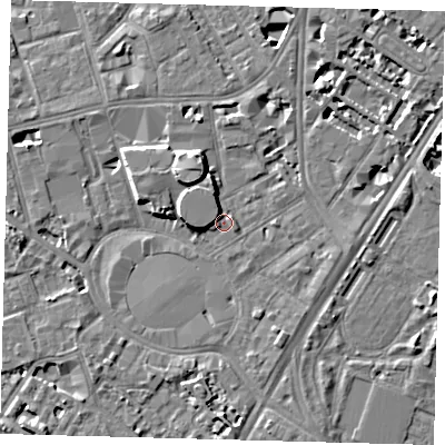 Shaded relief map of the ground around SE115SF, computed from Environment Agency LiDAR. The ground here sits at about 4 m above sea level and falls 8 m across the surrounding 800 m. Surface water reaching this point runs off ground lying to the north-west, 6.0 m higher.
