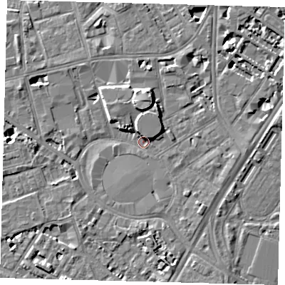 Shaded relief map of the ground around SE115SG, computed from Environment Agency LiDAR. The ground here sits at about 4 m above sea level and falls 8 m across the surrounding 800 m. Surface water reaching this point runs off ground lying to the north, 6.0 m higher.
