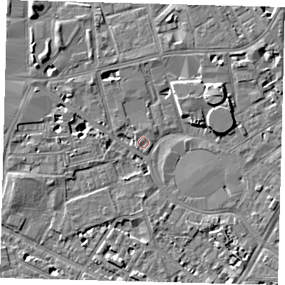 Shaded relief map of the ground around SE115SL, computed from Environment Agency LiDAR. The ground here sits at about 4 m above sea level and falls 7 m across the surrounding 800 m. Surface water reaching this point runs off ground lying to the west, 3.0 m higher.
