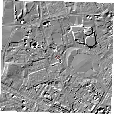 Shaded relief map of the ground around SE115SN, computed from Environment Agency LiDAR. The ground here sits at about 3 m above sea level and falls 7 m across the surrounding 800 m. Surface water reaching this point runs off ground lying to the south-south-west, 1.3 m higher.