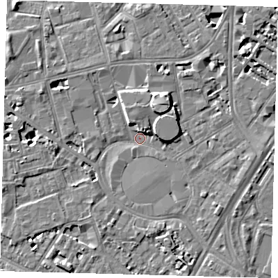 Shaded relief map of the ground around SE115SQ, computed from Environment Agency LiDAR. The ground here sits at about 3 m above sea level and falls 8 m across the surrounding 800 m. Surface water reaching this point runs off ground lying to the north-north-west, 5.6 m higher.