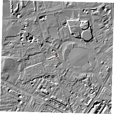 Shaded relief map of the ground around SE115SW, computed from Environment Agency LiDAR. The ground here sits at about 3 m above sea level and falls 7 m across the surrounding 800 m. Surface water reaching this point runs off ground lying to the south-east, 3.4 m higher.