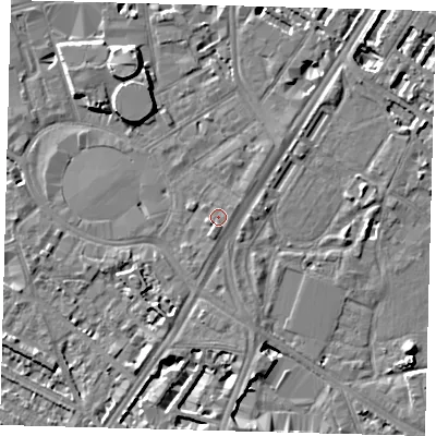 Shaded relief map of the ground around SE115TS, computed from Environment Agency LiDAR. The ground here sits at about 4 m above sea level and falls 7 m across the surrounding 800 m. Surface water reaching this point runs off ground lying to the south-south-west, 1.2 m higher.