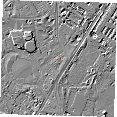 Shaded relief map of the ground around SE115TT, computed from Environment Agency LiDAR. The ground here sits at about 4 m above sea level and falls 8 m across the surrounding 800 m. Surface water reaching this point runs off ground lying to the south-south-west, 1.9 m higher.