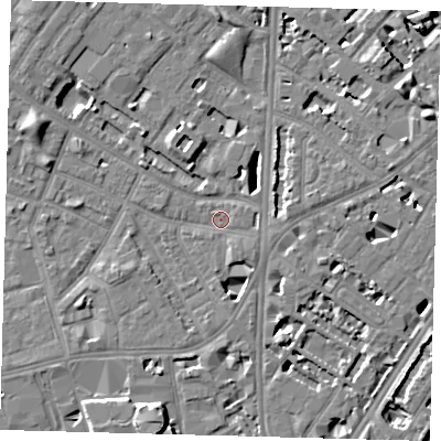 Shaded relief map of the ground around SE115UD, computed from Environment Agency LiDAR. The ground here sits at about 3 m above sea level and falls 8 m across the surrounding 800 m. Surface water reaching this point runs off ground lying to the south-south-west, 5.2 m higher.