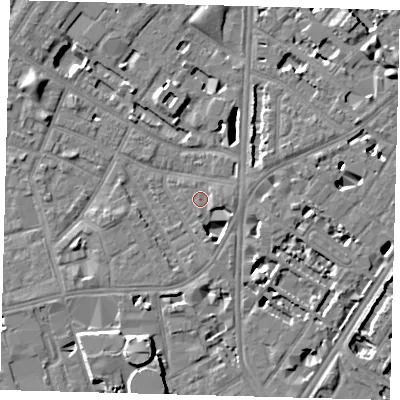 Shaded relief map of the ground around SE115UJ, computed from Environment Agency LiDAR. The ground here sits at about 3 m above sea level and falls 8 m across the surrounding 800 m. The ground contributing surface water to this point lies to the north-north-west.