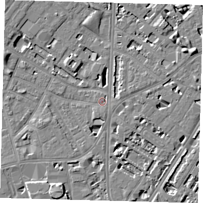 Shaded relief map of the ground around SE115UQ, computed from Environment Agency LiDAR. The ground here sits at about 4 m above sea level and falls 8 m across the surrounding 800 m. Surface water reaching this point runs off ground lying to the east-south-east, 0.8 m higher.