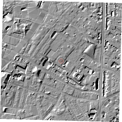 Shaded relief map of the ground around SE116AA, computed from Environment Agency LiDAR. The ground here sits at about 4 m above sea level and falls 7 m across the surrounding 800 m. Surface water reaching this point runs off ground lying to the north-north-west, 0.9 m higher.