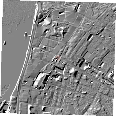 Shaded relief map of the ground around SE116AB, computed from Environment Agency LiDAR. The ground here sits at about 5 m above sea level and falls 50 m across the surrounding 800 m. Surface water reaching this point runs off ground lying to the north, 5.0 m higher.