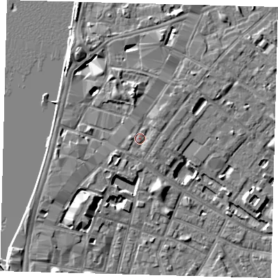 Shaded relief map of the ground around SE116AH, computed from Environment Agency LiDAR. The ground here sits at about 5 m above sea level and falls 7 m across the surrounding 800 m. Surface water reaching this point runs off ground lying to the north, 2.2 m higher.