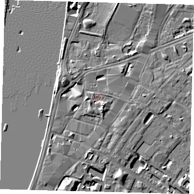 Shaded relief map of the ground around SE116AL, computed from Environment Agency LiDAR. The ground here sits at about 5 m above sea level and falls 7 m across the surrounding 800 m. Surface water reaching this point runs off ground lying to the south-east, 2.0 m higher.