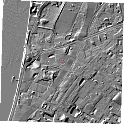 Shaded relief map of the ground around SE116AP, computed from Environment Agency LiDAR. The ground here sits at about 5 m above sea level and falls 7 m across the surrounding 800 m. The ground contributing surface water to this point lies to the north-north-east.