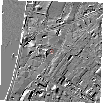 Shaded relief map of the ground around SE116AQ, computed from Environment Agency LiDAR. The ground here sits at about 5 m above sea level and falls 7 m across the surrounding 800 m. Surface water reaching this point runs off ground lying to the west, 2.1 m higher.