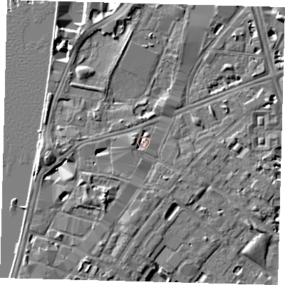 Shaded relief map of the ground around SE116AR, computed from Environment Agency LiDAR. The ground here sits at about 4 m above sea level and falls 8 m across the surrounding 800 m. Surface water reaching this point runs off ground lying to the west, 2.8 m higher.