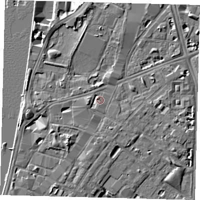 Shaded relief map of the ground around SE116AS, computed from Environment Agency LiDAR. The ground here sits at about 4 m above sea level and falls 8 m across the surrounding 800 m. Surface water reaching this point runs off ground lying to the west-south-west, 2.8 m higher.