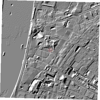 Shaded relief map of the ground around SE116AT, computed from Environment Agency LiDAR. The ground here sits at about 4 m above sea level and falls 7 m across the surrounding 800 m. Surface water reaching this point runs off ground lying to the north-north-east, 5.0 m higher.