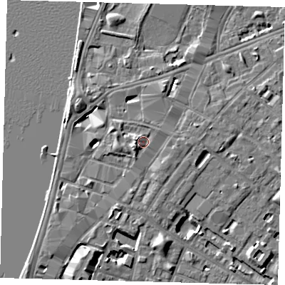 Shaded relief map of the ground around SE116AX, computed from Environment Agency LiDAR. The ground here sits at about 5 m above sea level and falls 7 m across the surrounding 800 m. Surface water reaching this point runs off ground lying to the west-north-west, 2.1 m higher.