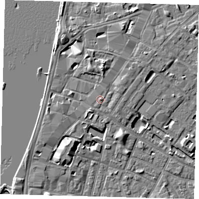 Shaded relief map of the ground around SE116AY, computed from Environment Agency LiDAR. The ground here sits at about 5 m above sea level and falls 7 m across the surrounding 800 m. Surface water reaching this point runs off ground lying to the north, 5.0 m higher.