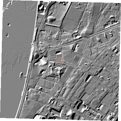 Shaded relief map of the ground around SE116BB, computed from Environment Agency LiDAR. The ground here sits at about 5 m above sea level and falls 7 m across the surrounding 800 m. Surface water reaching this point runs off ground lying to the east-south-east, 0.9 m higher.
