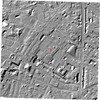 Shaded relief map of the ground around SE116BD, computed from Environment Agency LiDAR. The ground here sits at about 4 m above sea level and falls 7 m across the surrounding 800 m. Surface water reaching this point runs off ground lying to the north-east, 0.6 m higher.
