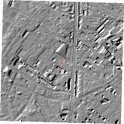 Shaded relief map of the ground around SE116BF, computed from Environment Agency LiDAR. The ground here sits at about 3 m above sea level and falls 7 m across the surrounding 800 m. Surface water reaching this point runs off ground lying to the south-west, 3.2 m higher.