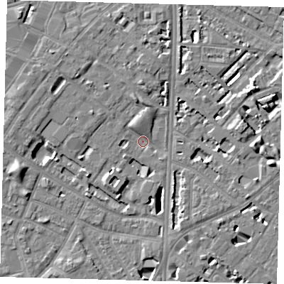Shaded relief map of the ground around SE116BH, computed from Environment Agency LiDAR. The ground here sits at about 3 m above sea level and falls 7 m across the surrounding 800 m. Surface water reaching this point runs off ground lying to the west-north-west, 3.4 m higher.