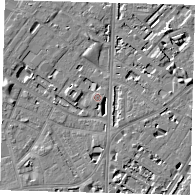 Shaded relief map of the ground around SE116BT, computed from Environment Agency LiDAR. The ground here sits at about 4 m above sea level and falls 7 m across the surrounding 800 m. Surface water reaching this point runs off ground lying to the east, 6.8 m higher.