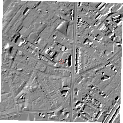 Shaded relief map of the ground around SE116BW, computed from Environment Agency LiDAR. The ground here sits at about 3 m above sea level and falls 7 m across the surrounding 800 m. Surface water reaching this point runs off ground lying to the east-north-east, 6.3 m higher.