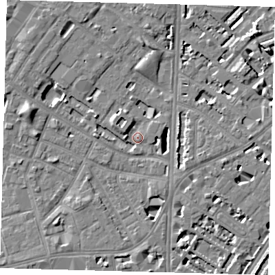 Shaded relief map of the ground around SE116BX, computed from Environment Agency LiDAR. The ground here sits at about 4 m above sea level and falls 7 m across the surrounding 800 m. Surface water reaching this point runs off ground lying to the east-north-east, 6.0 m higher.