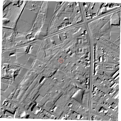 Shaded relief map of the ground around SE116DE, computed from Environment Agency LiDAR. The ground here sits at about 4 m above sea level and falls 7 m across the surrounding 800 m. Surface water reaching this point runs off ground lying to the west-north-west, 0.8 m higher.