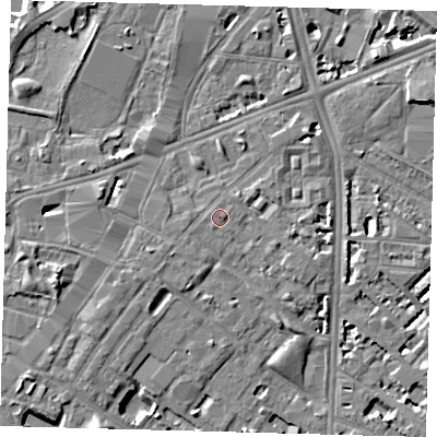 Shaded relief map of the ground around SE116DF, computed from Environment Agency LiDAR. The ground here sits at about 4 m above sea level and falls 7 m across the surrounding 800 m. Surface water reaching this point runs off ground lying to the south-west, 0.9 m higher.