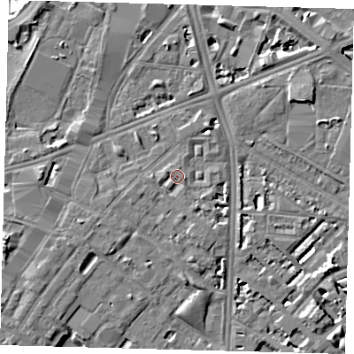 Shaded relief map of the ground around SE116DH, computed from Environment Agency LiDAR. The ground here sits at about 4 m above sea level and falls 7 m across the surrounding 800 m. Surface water reaching this point runs off ground lying to the west, 0.9 m higher.