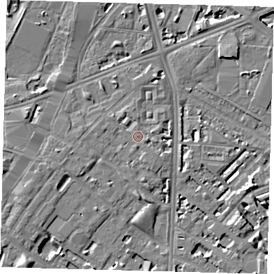 Shaded relief map of the ground around SE116DL, computed from Environment Agency LiDAR. The ground here sits at about 4 m above sea level and falls 7 m across the surrounding 800 m. Surface water reaching this point runs off ground lying to the south-east, 1.2 m higher.